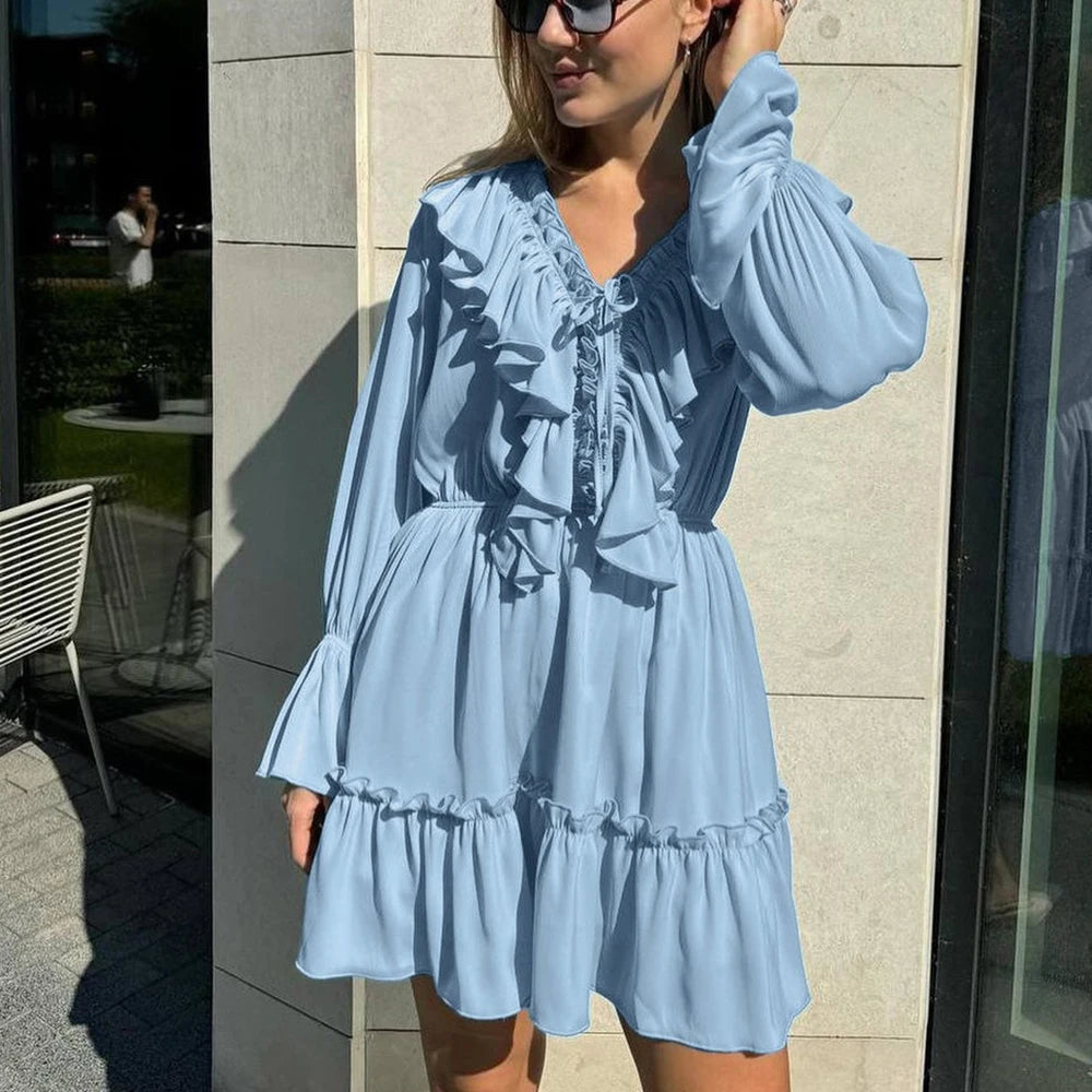 Talenza White Ruffle Bandage Mini Dress Women's Elegant Patchwork Long Sleeve Dress New Slim V Neck Lace Up Summer Mini Dress - Smarsty