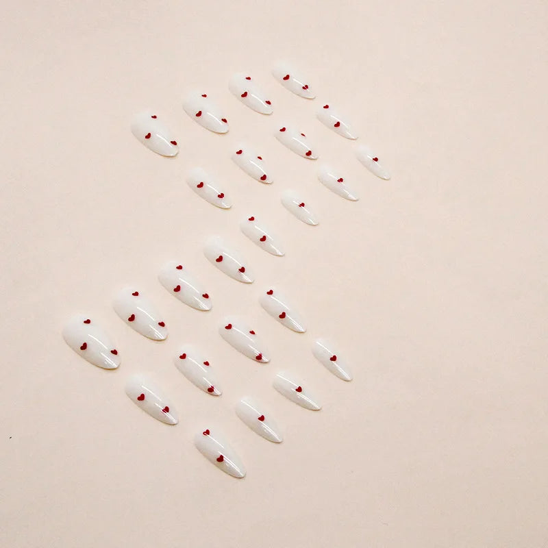 24 Piece White Almond Heart-Shaped False Nail Set - Smarsty
