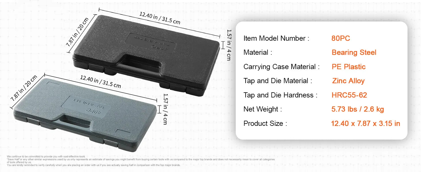 SucceBuy Tap and Die Set 40PCs 60PCs 80PCs 110/116PCs Metric SAE Standard Bearing Steel Taps and Dies Essential Threading Tool
