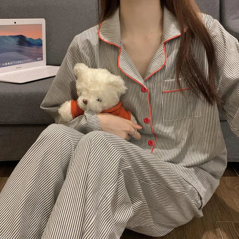 2PCS/Set Women's Long Sleeve Loose Breathable Student Sleepwear Loungewear Cardigan Gray Striped Girl Fashion Pajamas Homewear - Smarsty