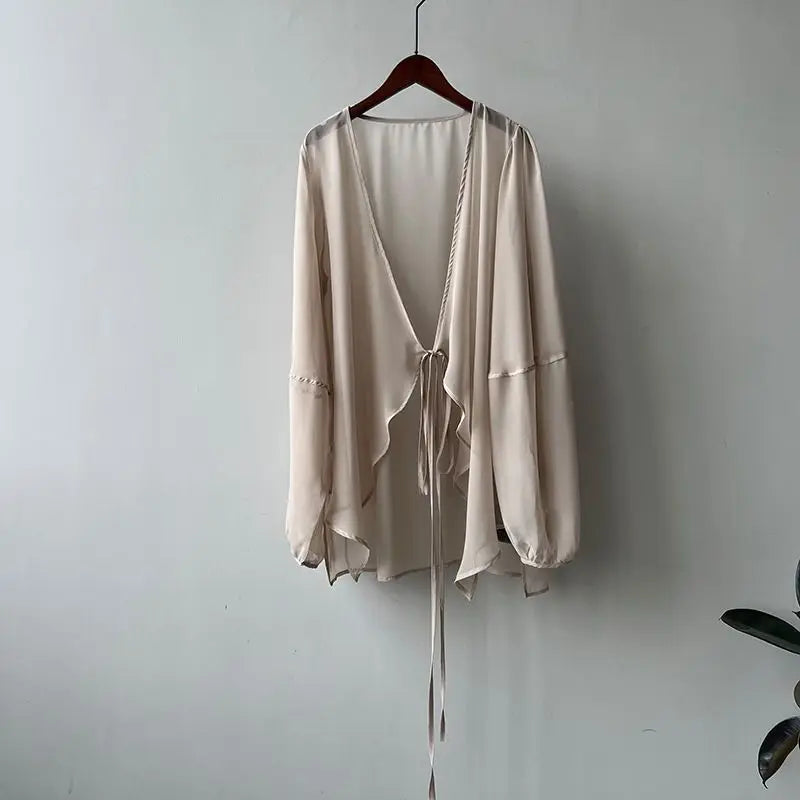Shirts Women V-neck Loose Long Sleeve Open Stitch Korean Style Lace-up Simple Solid Summer Chiffon Breathable Minimalist Stylish - Smarsty