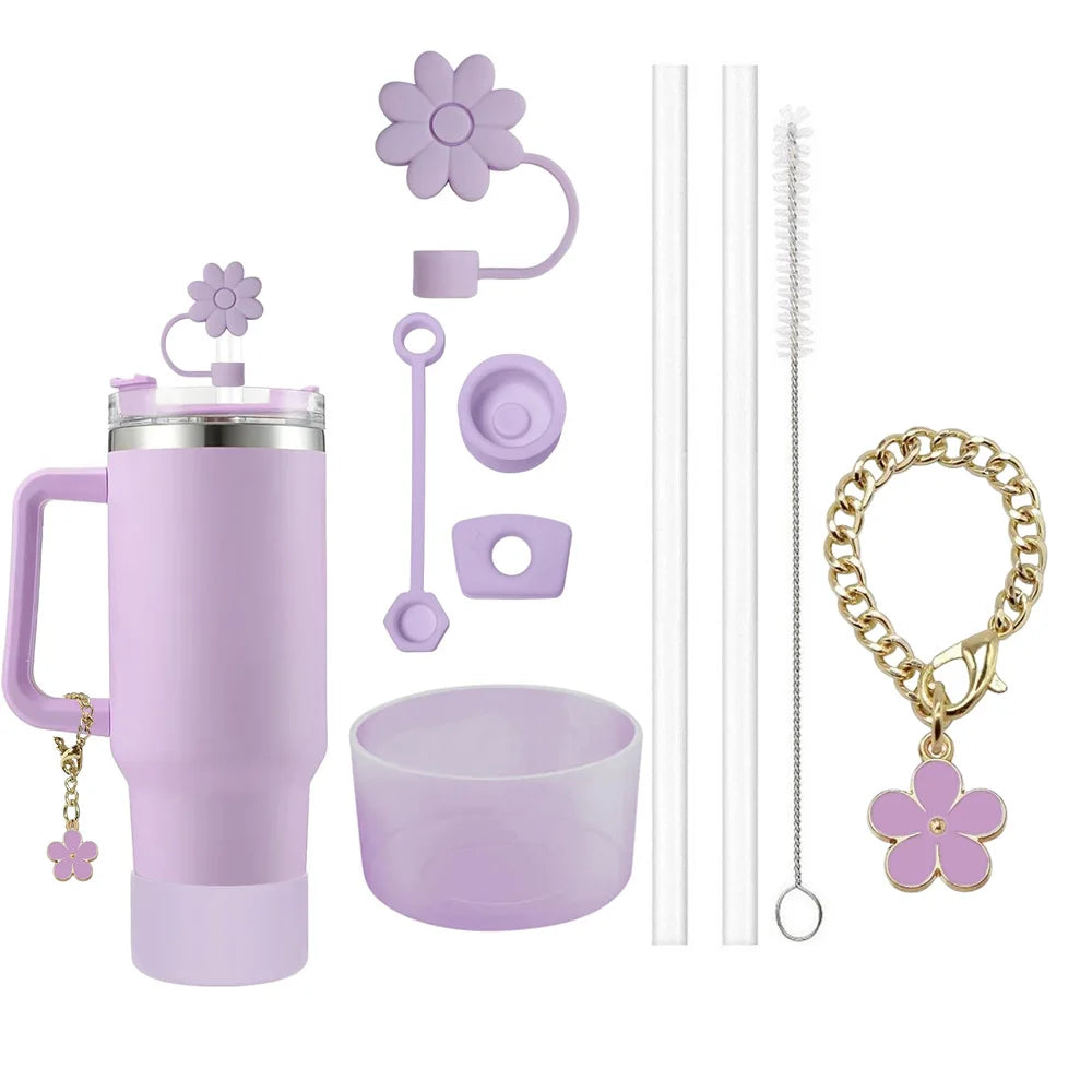 9pcs Accessories Set 3 Spill Proof Stopper Flowers Straw Cover Boot 2 Straw and Brush and 1 Flower Charm Chain for Stanley Cup - Smarsty