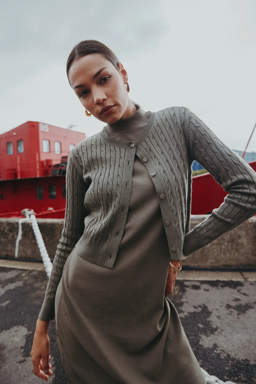 AS AW25 new design knitting cable cardigan + ribbing mockneck dress maxi length match for lady wear - Smarsty