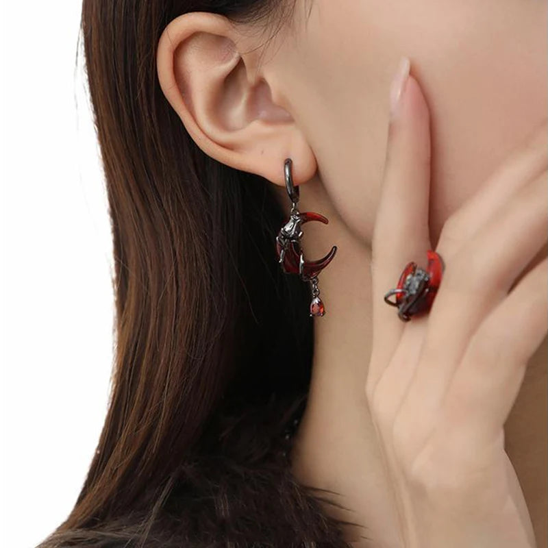 Red Moon Gem Asymmetric Earrings for Unique Punk Style - Smarsty