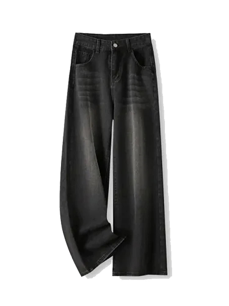 Korean Vintage High Waist Women's Jeans Y2K Slimming Pear-Shaped Loose Straight Bell Bottoms Black Gray Baggy Denim Trousers - Smarsty
