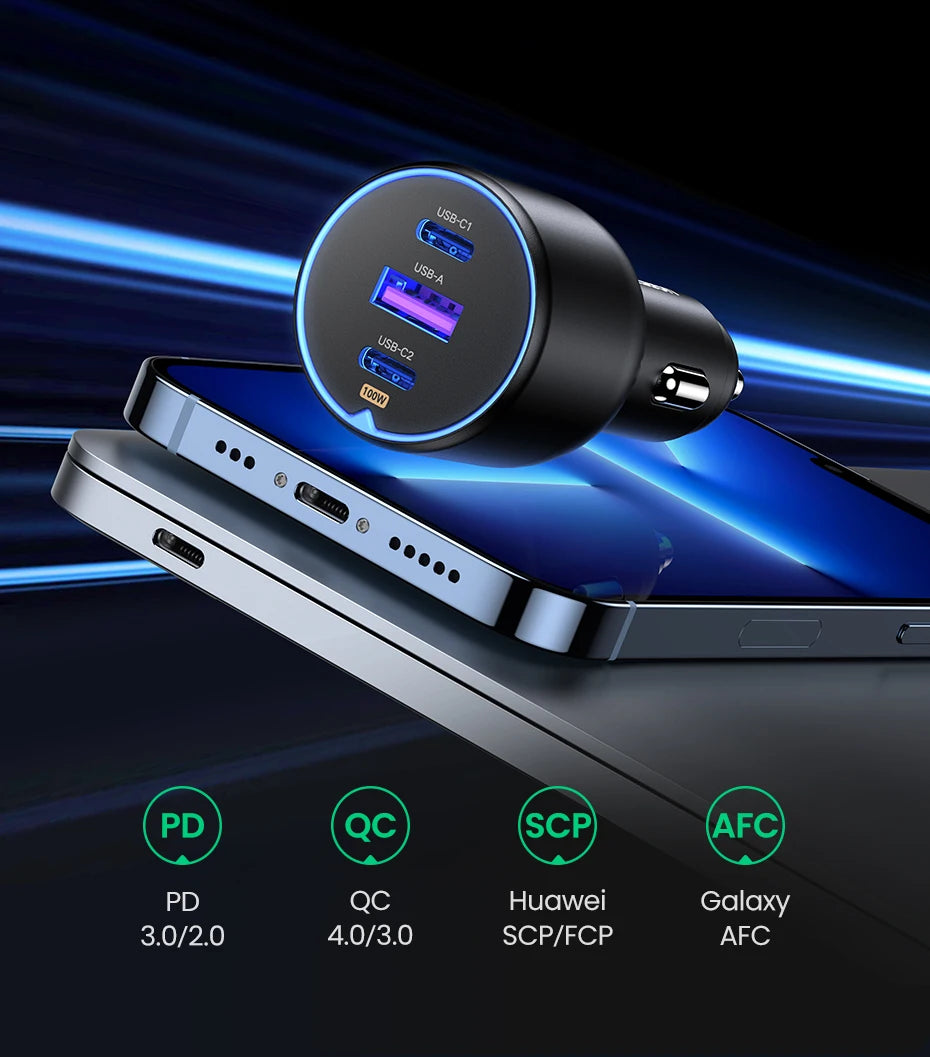 UGREEN 130W USB C Car Charger For Xiaomi iPhone 17 Samsung Galaxy S24 Laptops Tabet PD3.0 Fast Charging USB Type C Car Charger