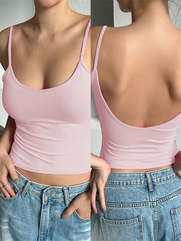 Women Backless Cami Crop Top Summer Solid Color Casual Sleeveless Top Streetwear Y2K Clothes - Smarsty