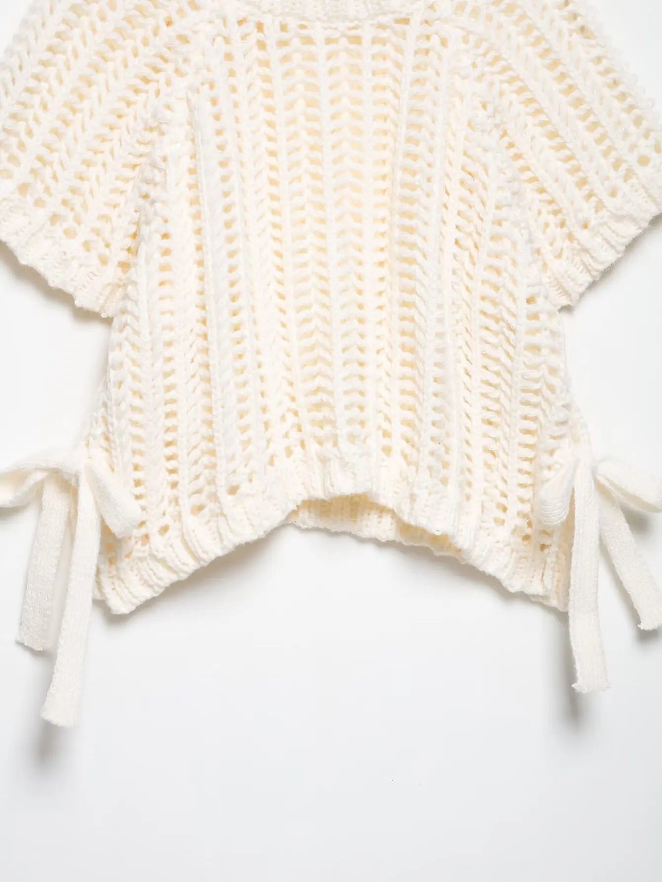 Hollow Out Knit Pullover Women Casual Round Neck Lace Up Bow Sweater Female Autumn Short Sleeves Solid Knitwears Lady - Smarsty
