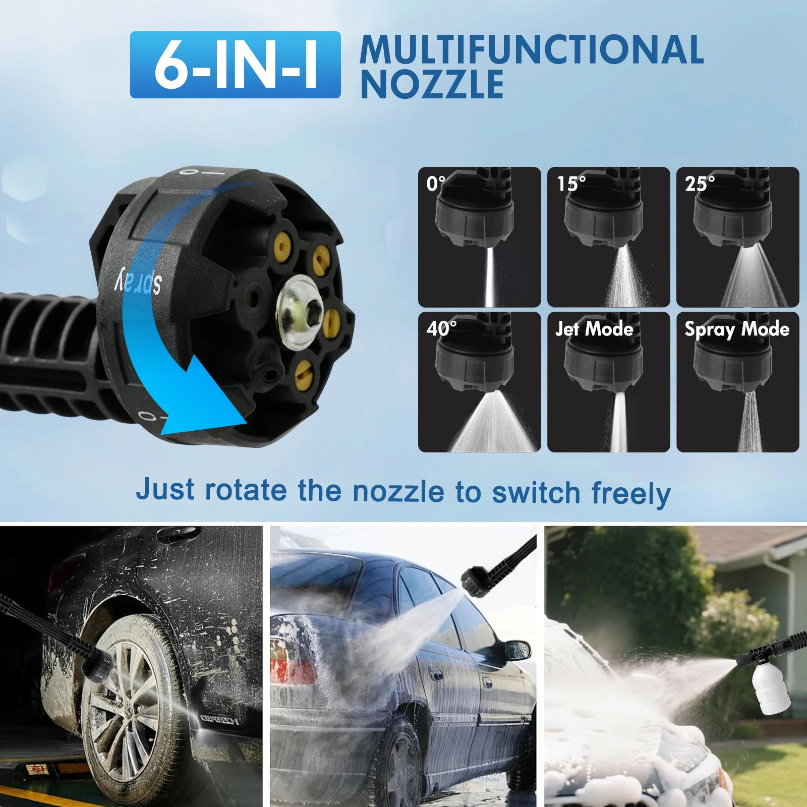 Cordless Pressure Washer Gun Electric 6 IN 1 Nozzle Portable 21V 500PSI 3200rpm High-Power With Battery 10M (32.8FT) Hose