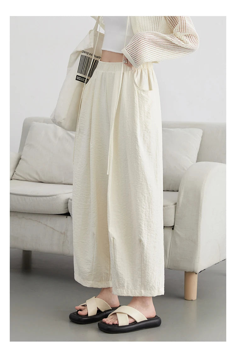 CHIC VEN Women White Pants Solid Casual Elastic Waist High Waisted Pleated Wide Leg Female Trousers Fold Summer 2025 Clothing - Smarsty
