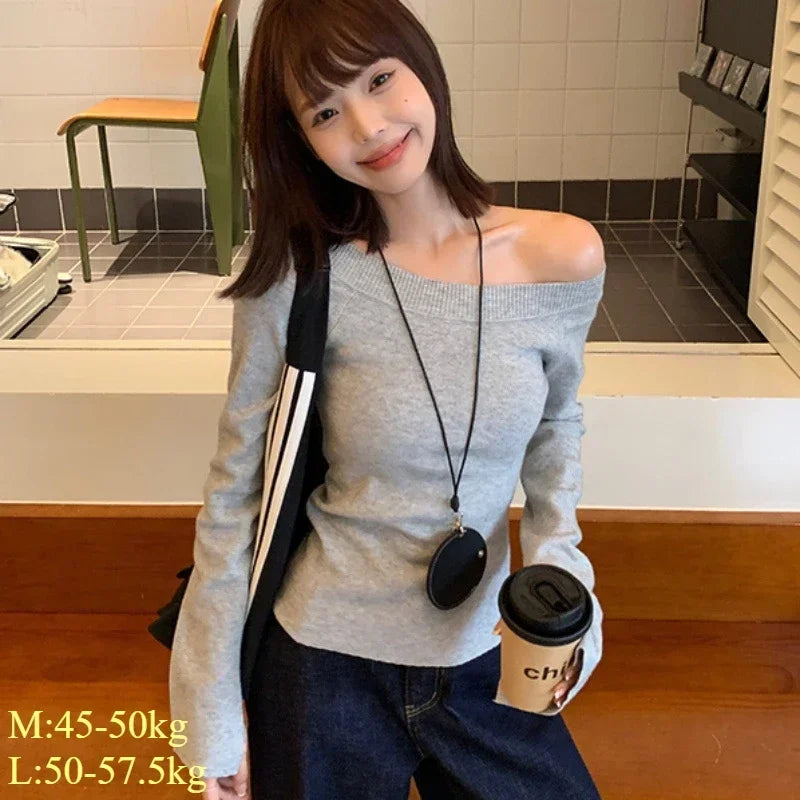 Sexy Pullovers Women Off Shoulder Cropped Knitted Basic Clothes Autumn All-match Side Slit Simple Tender Slim Gentle Seductive - Smarsty