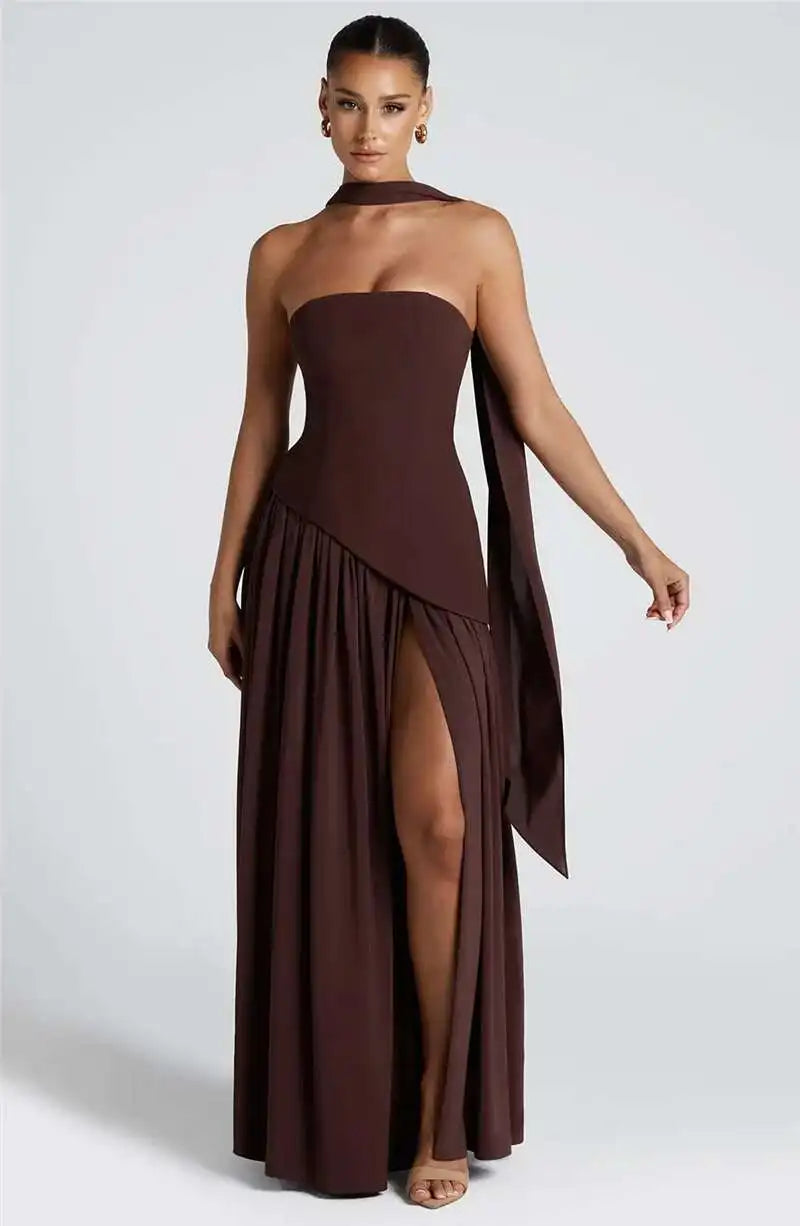 Mozision Strapless Off-shoulder Sexy Maxi Dress For Women Gown Patchwork Scarf Collar Thigh High Split Club Party Long Dress - Smarsty