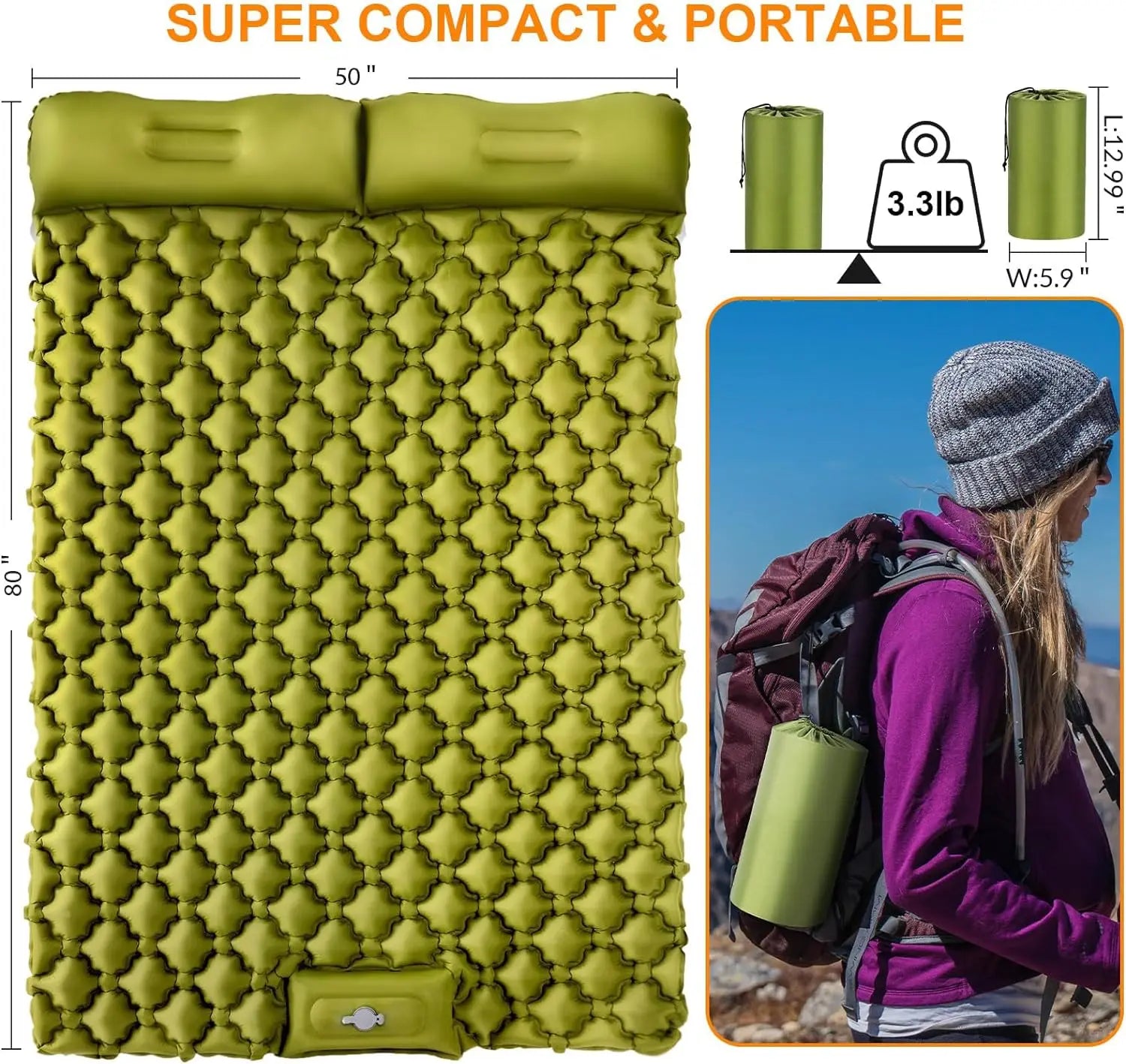Camping Air Matt Double Sleeping Pad Inflatable Air Mat with Pillow Air Mattress Nature Hike Waterproof Folding Sleeping Mat
