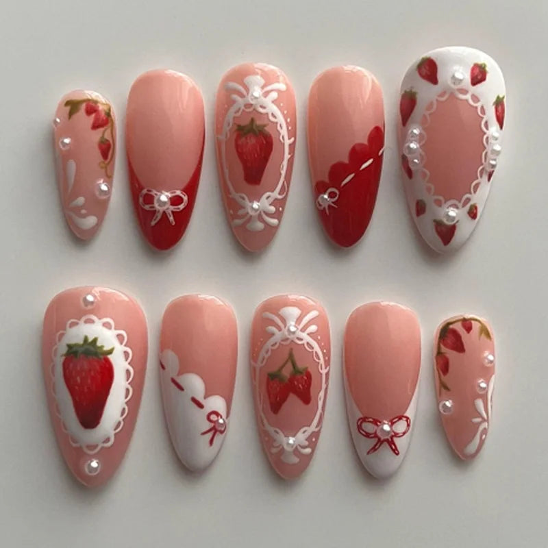 Colorful Press On Almond Nails Set with Pearl Flowers - Smarsty