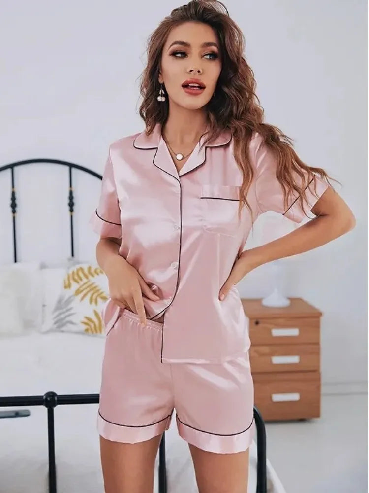 Summer Pijamas Sets Women Sleepwear Silk Satin Button-Down Short Sleeve Tops and Shorts Two-piece Loungewear - Smarsty