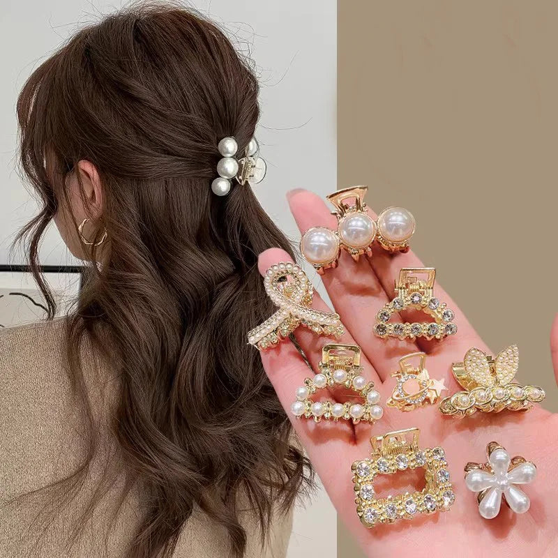 Mini Rhinestone Pearl Hair Claws For Women Sweet Geometric - Smarsty