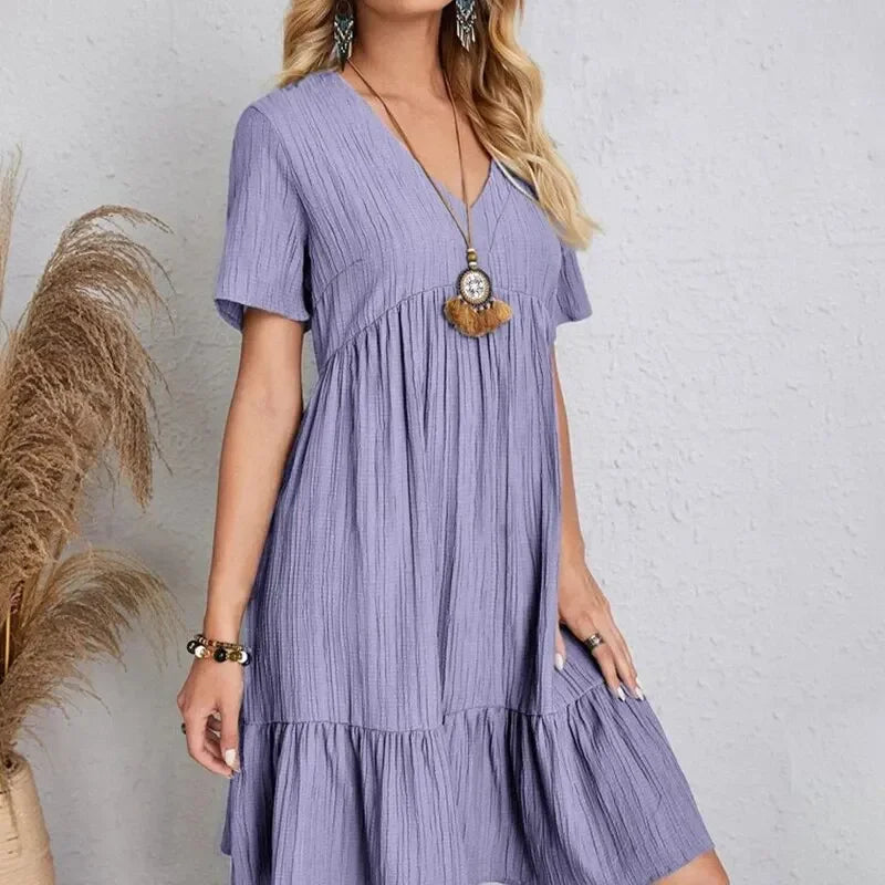 Women Summer Peplum Dresses Spring V-Neck Short Sleeve Loose Waist Ruffle Fit Flare Vocation Dresses - Smarsty