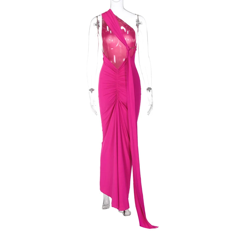Hugcitar One Shoulder Backless Adjustable Scarf Loop Ruched Sexy Maxi Dress Women Elegant Y2K Streetwear Festival Outfit - Smarsty