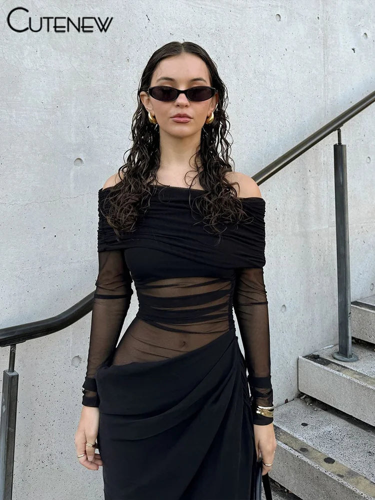 Cutenew Mesh Ruched Women Maxi Dress Sexy See Through Off Shoulder Long Sleeve Sheath Vestidos Female Midnight Party Solid Robe - Smarsty