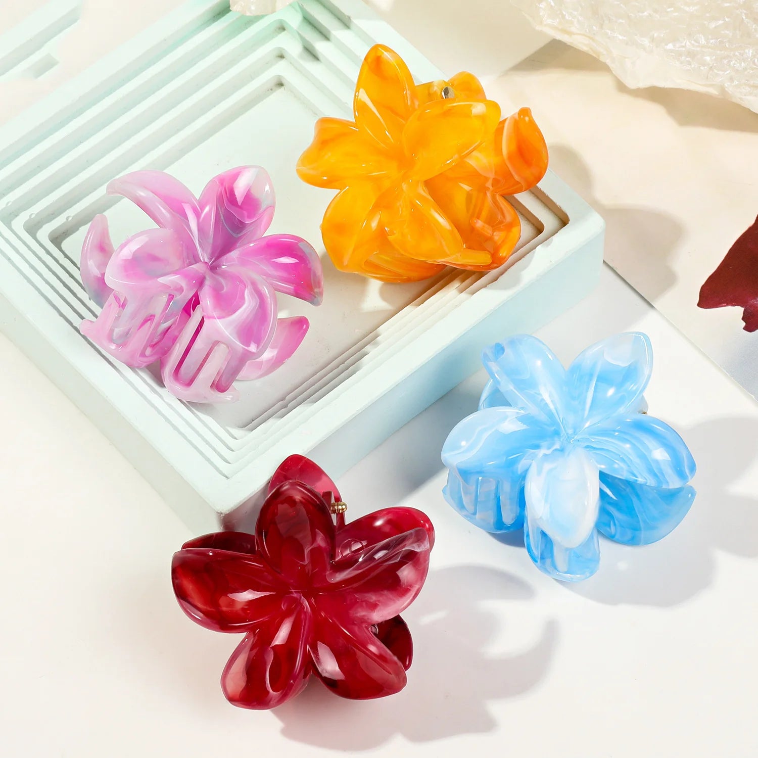 Hawaiian Gradient Marble Flower Hair Clips Small Lightweight - Smarsty