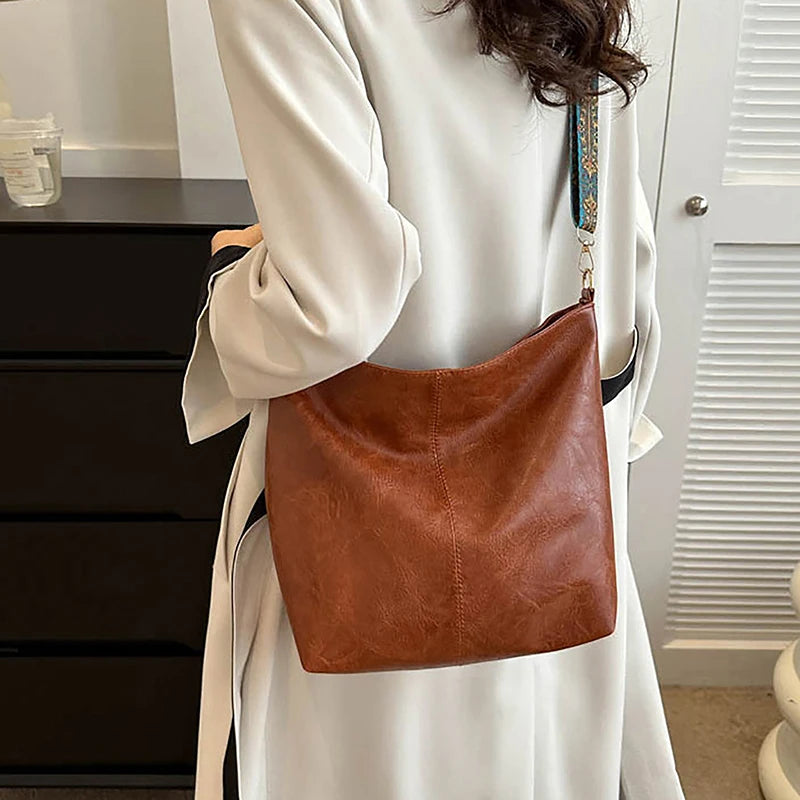Wide Geometric Strap Shoulder Bag Large Capacity Crossbody Bags For Women,Retro Pu Leather Women's Bag For Shopping Travel - Smarsty