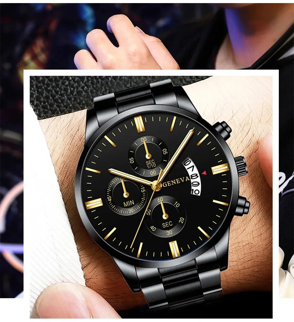 Luxury Black Stainless Steel Men's Watch with Calendar Feature - Smarsty