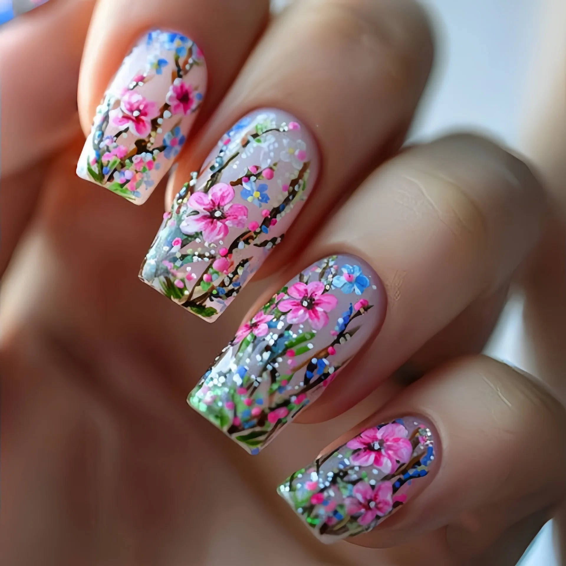 24 Piece Set Medium Long Press On Nails with Floral Design - Smarsty