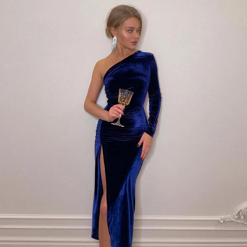 Women Elegant Long Sleeve Party Evening Velvet Bodycon Split Pencil Midi Dress Spring Autumn Clothes - Smarsty