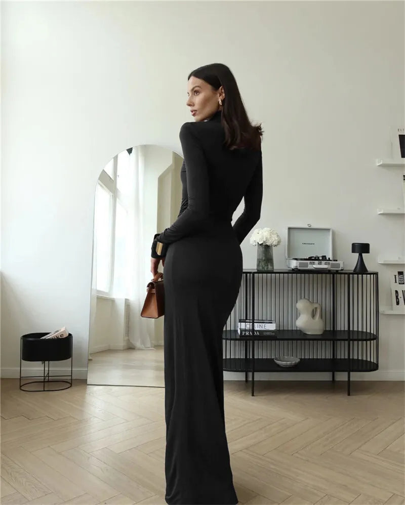 Mozision Turtleneck Thigh High Split Sexy Maxi Dress For Women Fashion Long Sleeve Draped Bandage Bodycon Club Long Dress - Smarsty