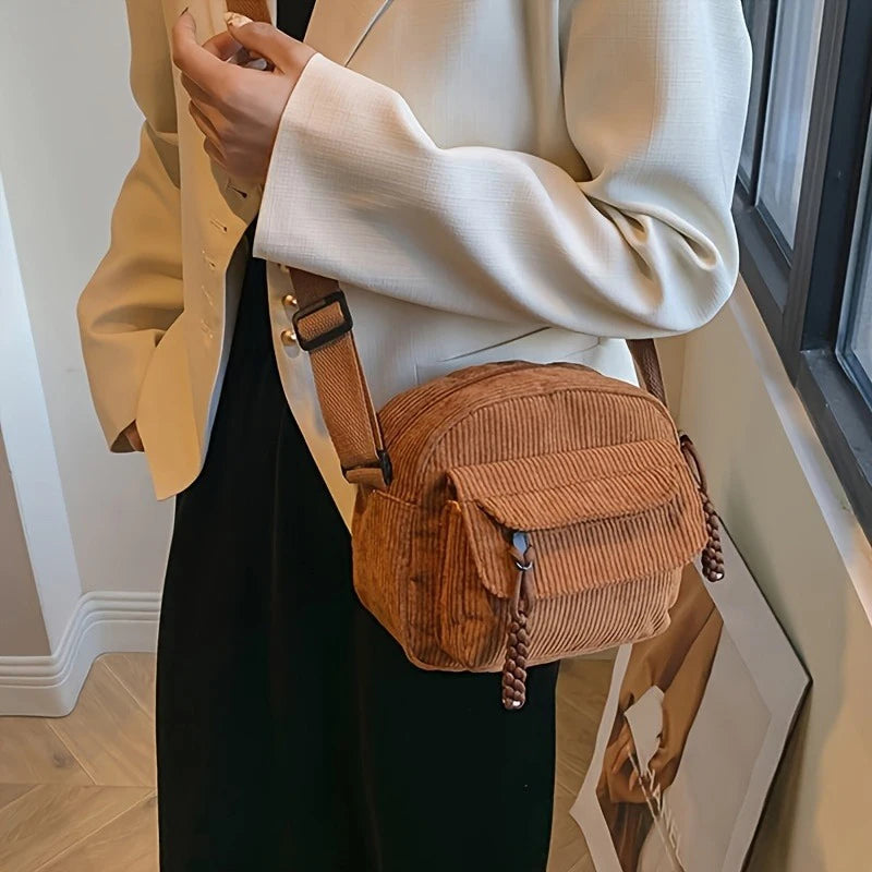 Corduroy Crossbody Bag Zipper Closure Adjustable Strap - Smarsty
