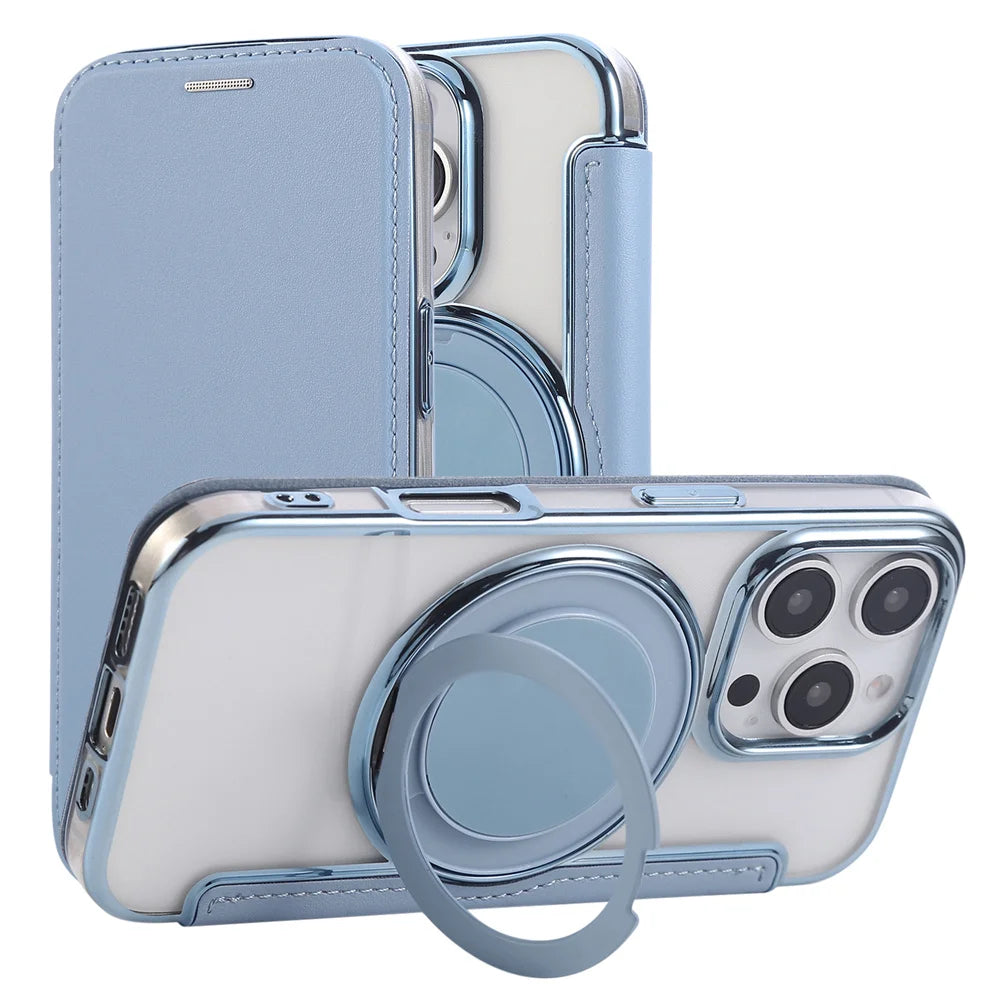 Flip Leather Wallet Rotating Fold Stand Magnetic Phone Case For iPhone 15 16 17 Pro Max 16E 14 13 12 For Magsafe Clear Cover