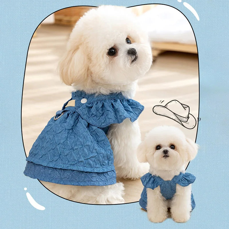 Denim Dog Dress for Small Dogs with Leash Ring - Smarsty