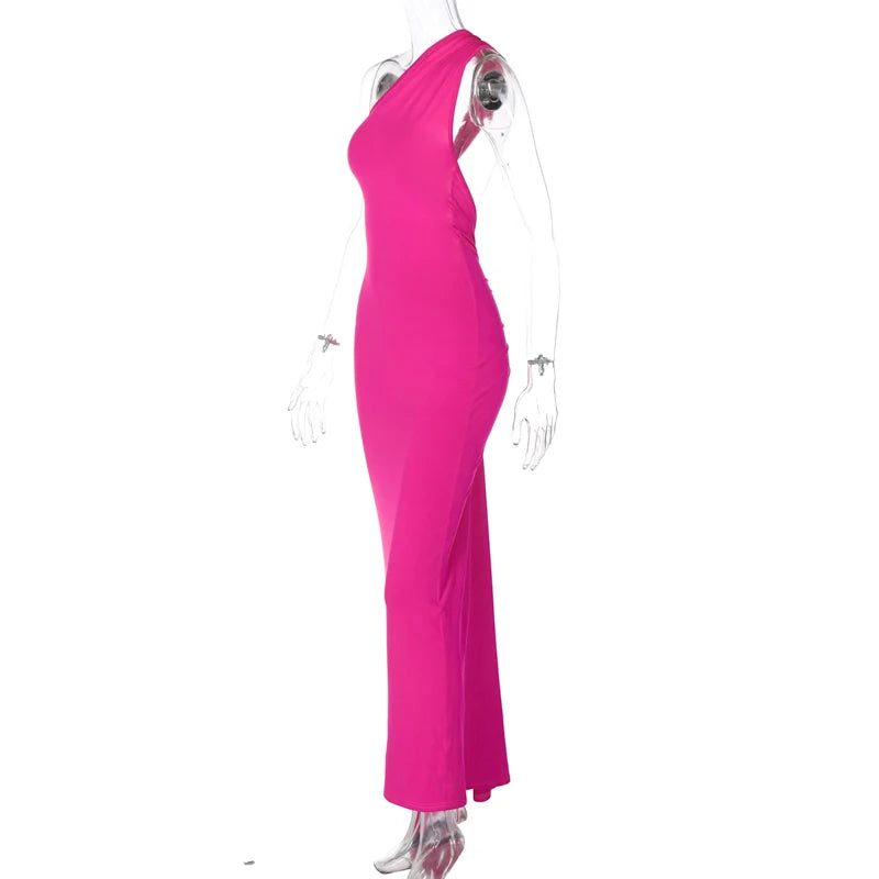 Hugcitar One Shoulder Backless Adjustable Scarf Loop Ruched Sexy Maxi Dress Women Elegant Y2K Streetwear Festival Outfit - Smarsty