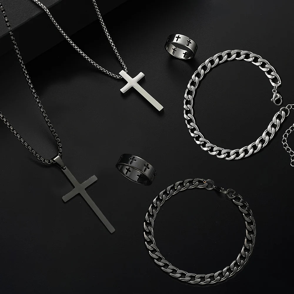 Men's Stainless Steel Cross Pendant Jewelry Set - Smarsty