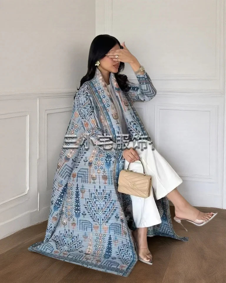 Women's Fold Miyake Pleated Abaya Long Sleeve Print Foldable Collar Robe Cardigan Coat New Winter Fashion Original Design 2024 - Smarsty
