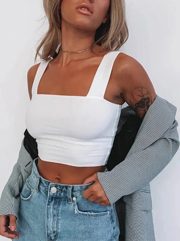 Square Neck Sleeveless Summer Crop Top White Women Black Casual Basic T Shirt Off Shoulder Cami Sexy Backless Tank Top - Smarsty