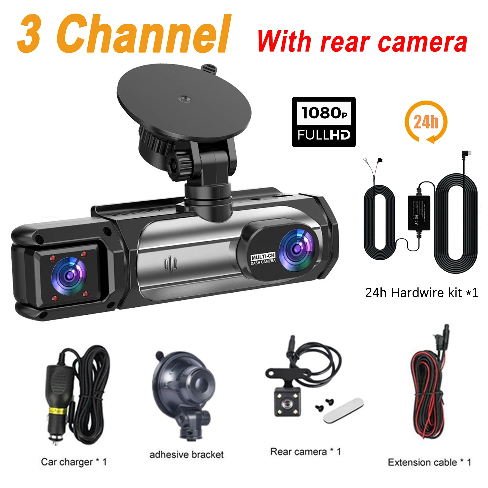 1080P 3 Camera Dash Cam Front and Rear Night Vision - Smarsty
