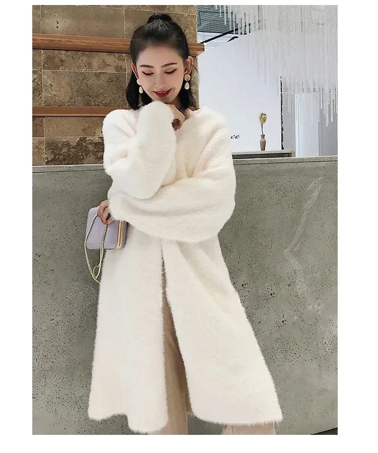 white Long Cardigan for women 2025 new winter clothes Knitted fluffy long sleeve Cashmere sweater coat korean style warm vintage - Smarsty