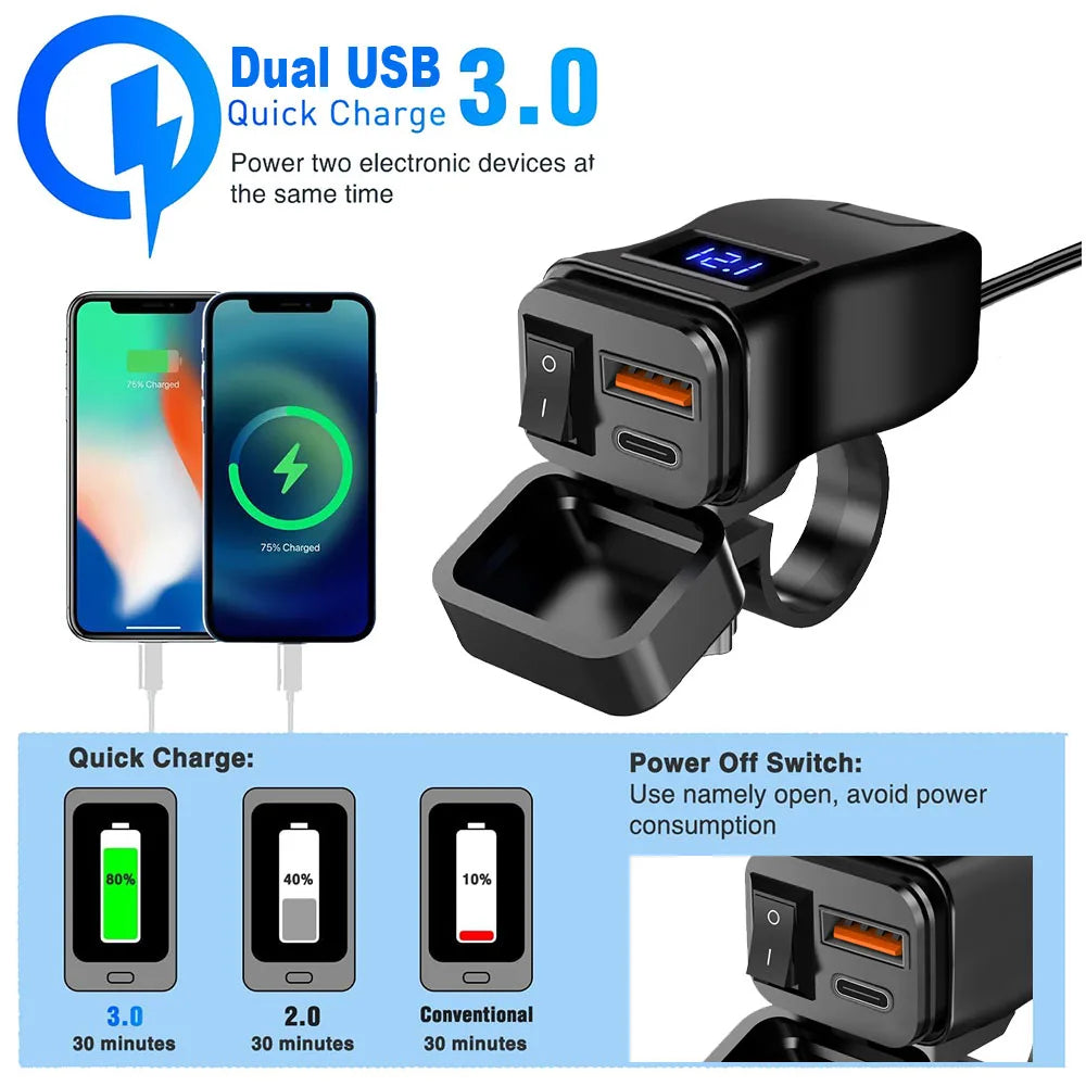 PD QC3.0 Motorcycle USB Fast Charger 60W Handlebar Dual USB Socket with Switch Voltmeter Waterproof 12V Power Supply Adapter - Smarsty