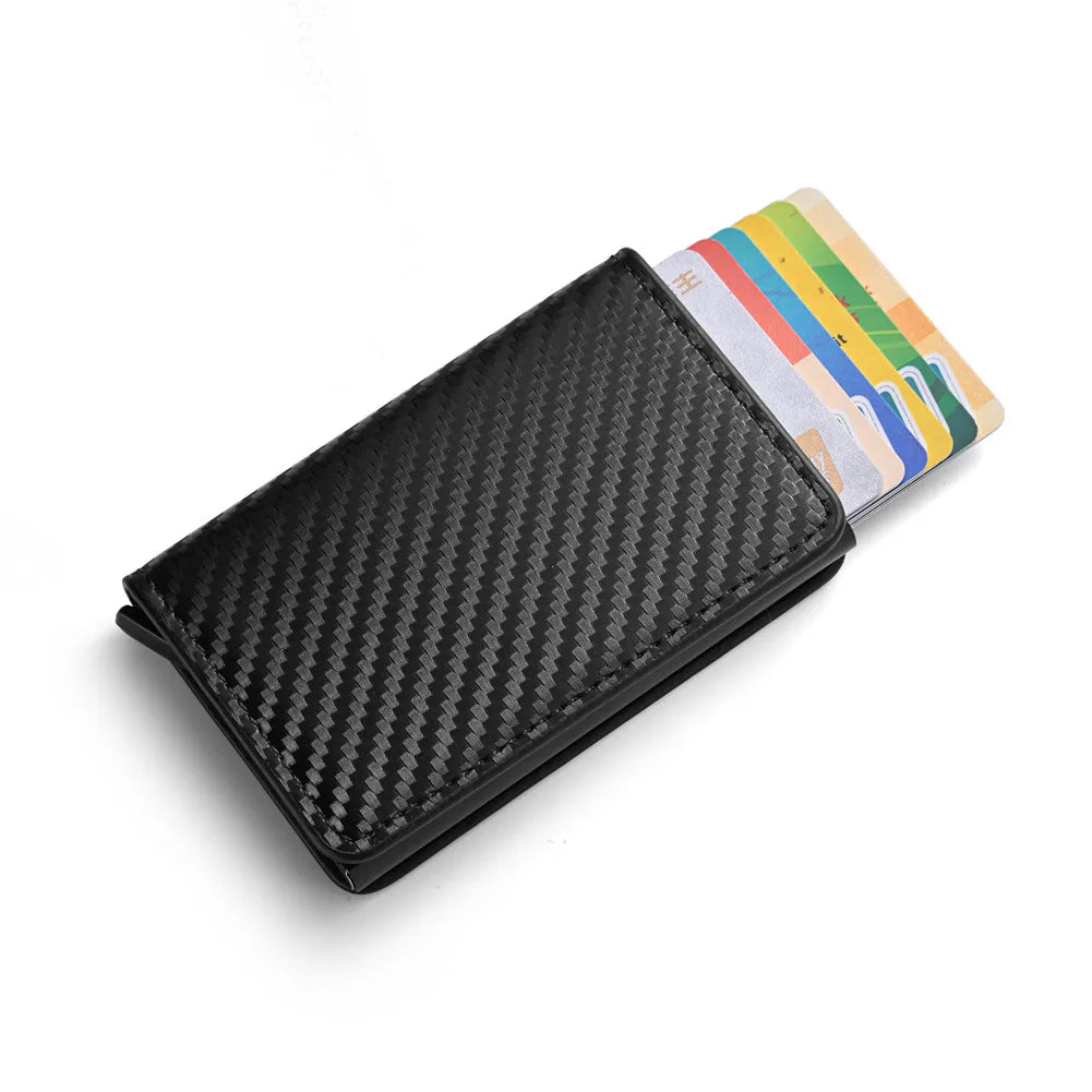 RFID Anti Blocking Anti-theft Automatic Pop-up Card Holder, Men's Black ID Credit Card Holder Case Wallet, Carbon Fiber Purse