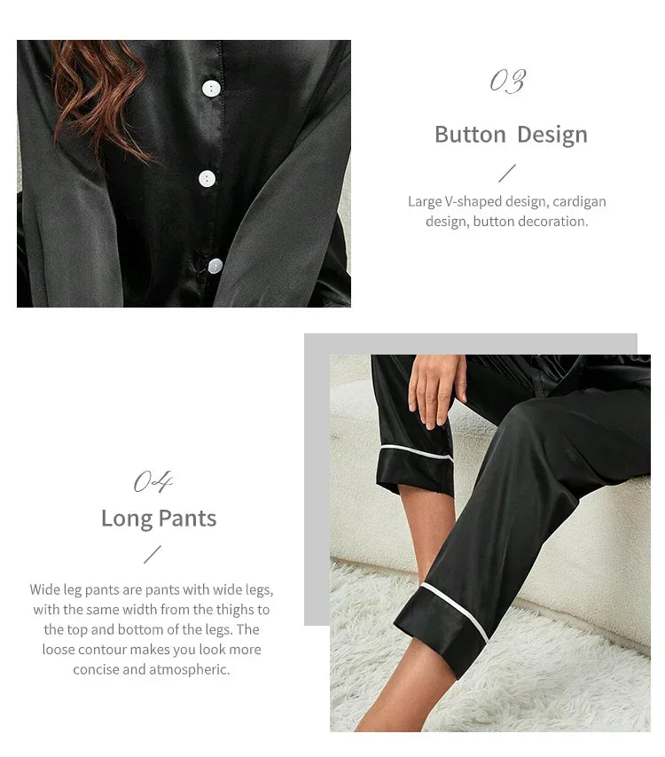 Plus Size Autumn and Winter Silk Pajamas Women Tops and Pants Solid Casual Soft Nightwear Buttons Cardigan Sleepwear Homewear - Smarsty