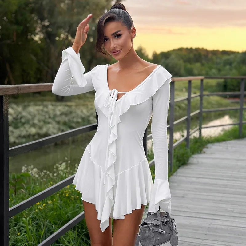 Tossy Ruffled Lace-Up White Mini Dress Women's V-Neck Patchwork Long Sleeve Sexy Slim Dress Bandage Elegant Female Summer Dress - Smarsty