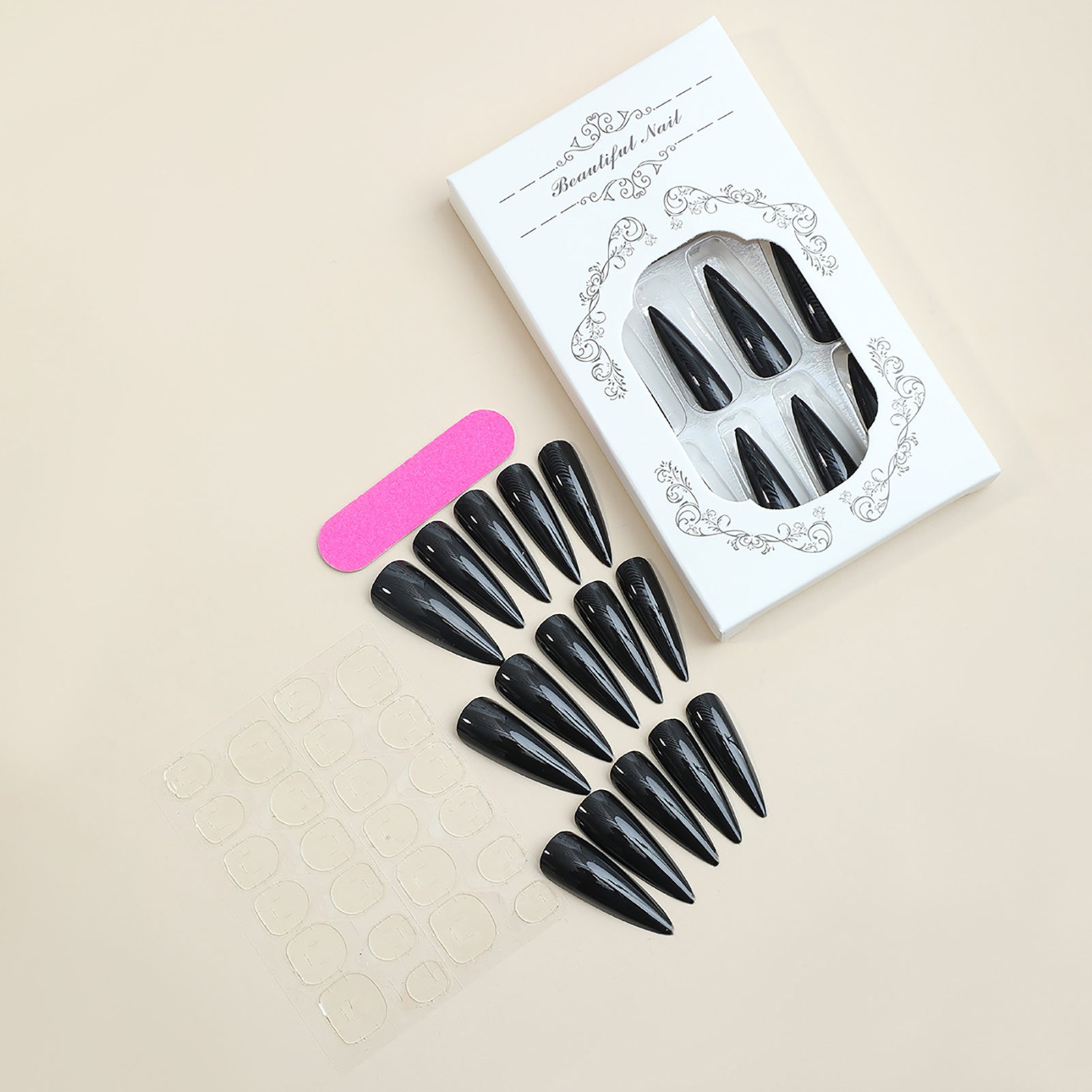 24 Piece Glossy Black Press On Nails Set - Smarsty