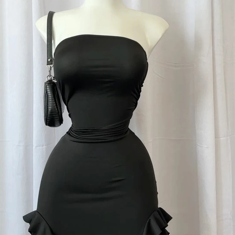 Women Strapless Sexy Floral Fold Hemline High Slit Mini Dress 2024 Solid Backless Sleeveless Black And Pink Party Dress Vestidos - Smarsty