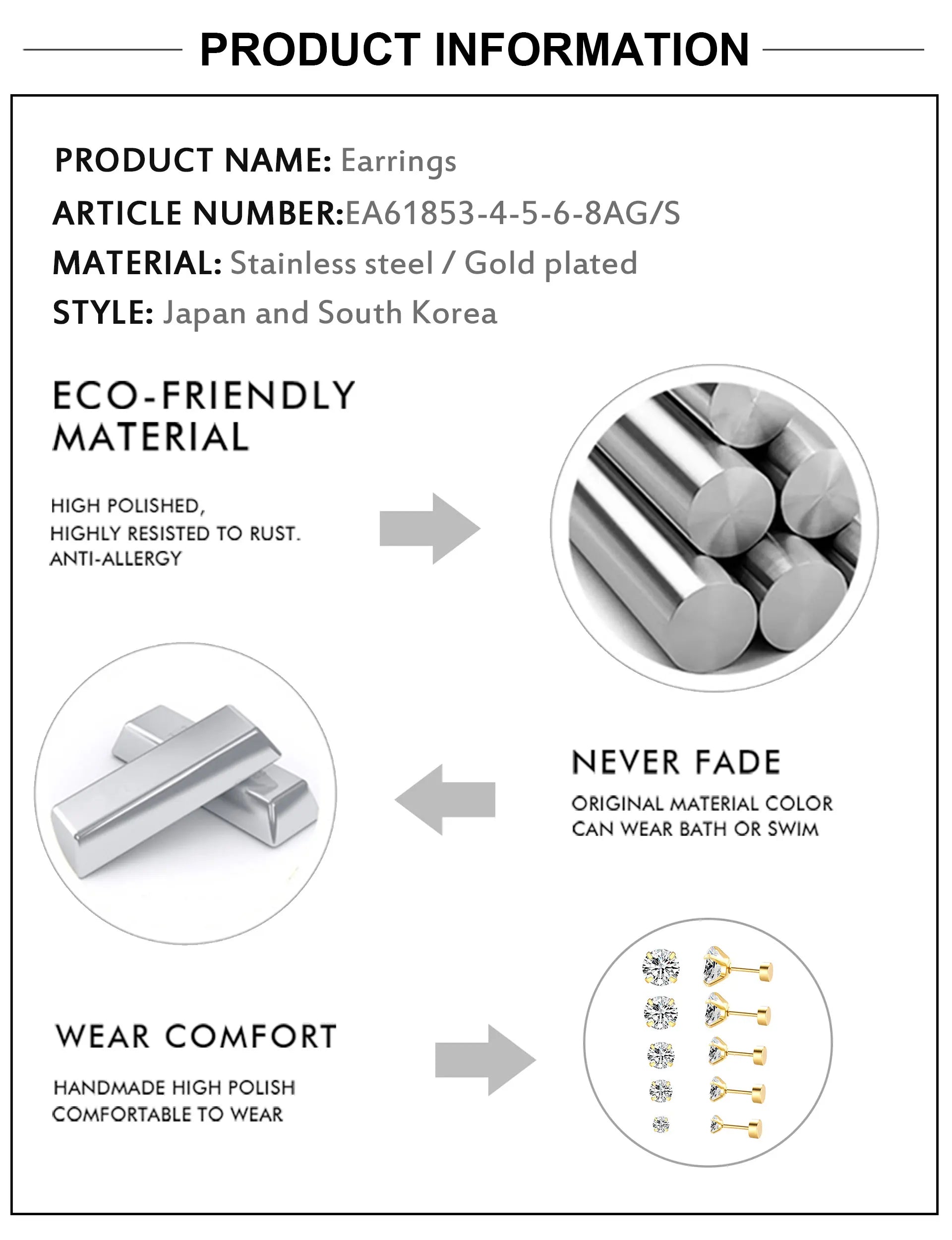 Stainless Steel Cubic Zirconia Stud Earrings Screw Back - Smarsty