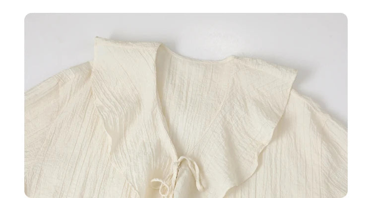 CHIC VEN Women Shirt Loose Casual Ruffled Edges Female Blouses V Neck Lace Up Mid Length Woman Shirts Spring Summer 2024 - Smarsty