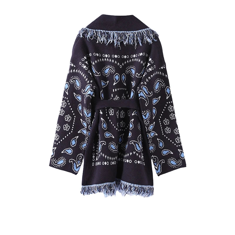 Tassel Patchwork Printed Cardigan Women Geometric Patterns Belts V-neck Long Sleeve Knitted Street Lady Sweater 2025 Autumn Coat - Smarsty