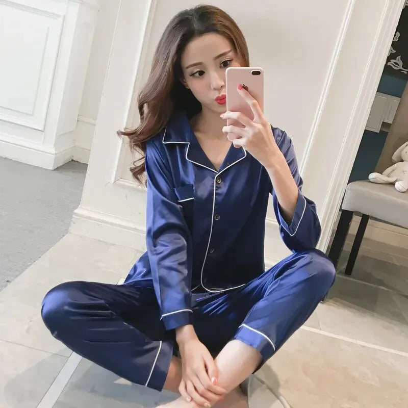 Pajamas Sets for Women 2024 Sexy Silk Women Pijama Sets Sleepwear Long-sleeve Cardigan Set Female Ice Silk Pyjamas Home Clothing - Smarsty