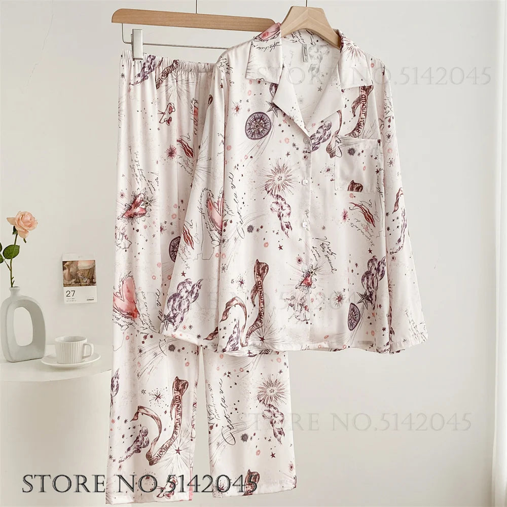 Fashion Print Flower 2PCS Pajamas Set Women Sleepwear Spring Summer Trouser Suits Lounge Wear Loose Satin Homewear Pijamas Suit - Smarsty