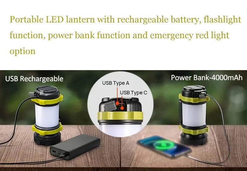 Rechargeable LED Camping Light 1000LM Lantern Flashlight 6 Modes 4000mAh Power Bank for Power Outage Hurricane Outdoor Hiking